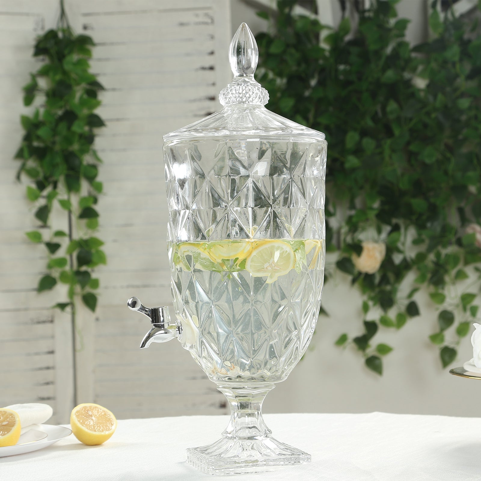 1.3 Gallon Clear Glass Beverage Dispenser with Spigot 21", Diamond Texture Apothecary Jar Style Party Drink Dispenser with Lid - Versatile Serving